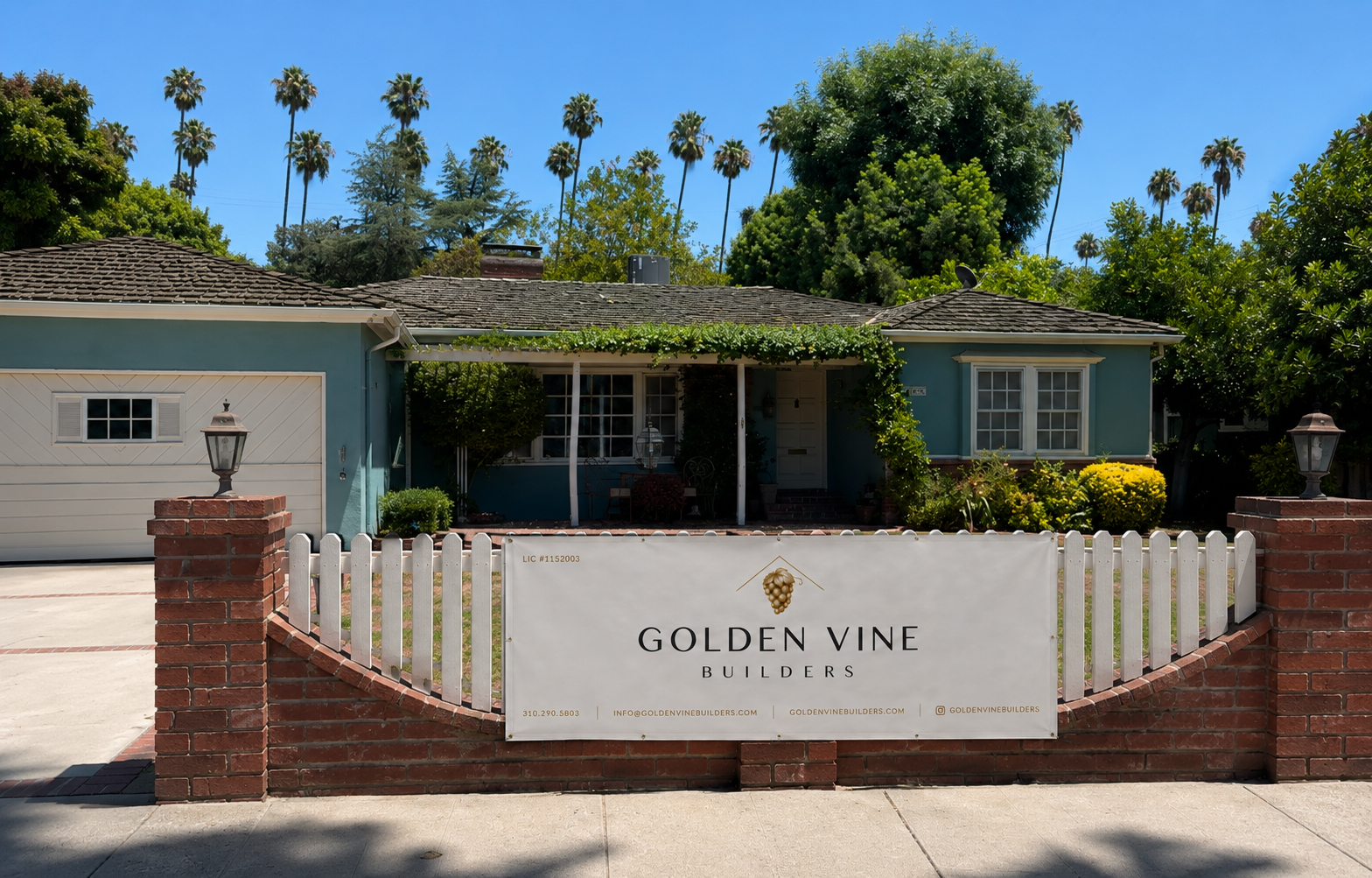 Single-story Sherman Oaks residence with Golden Vine Builders branded construction banner on a white picket fence