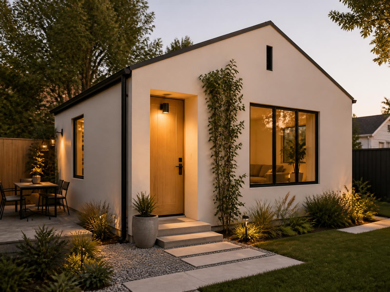 Detached accessory dwelling unit with stucco walls, gabled roof and an oak entry door