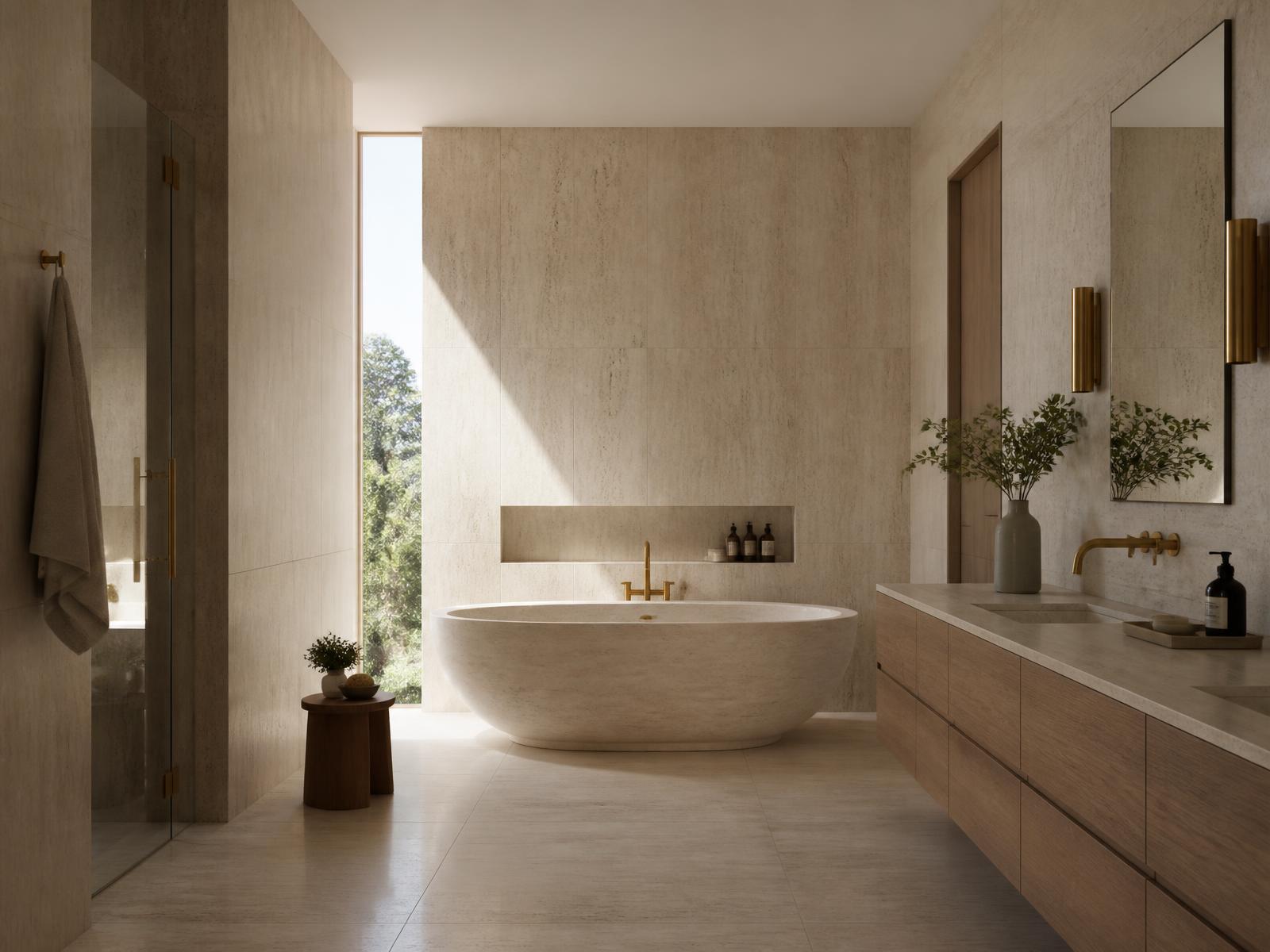 Travertine bathroom with a freestanding stone tub, oak vanity and brass fittings