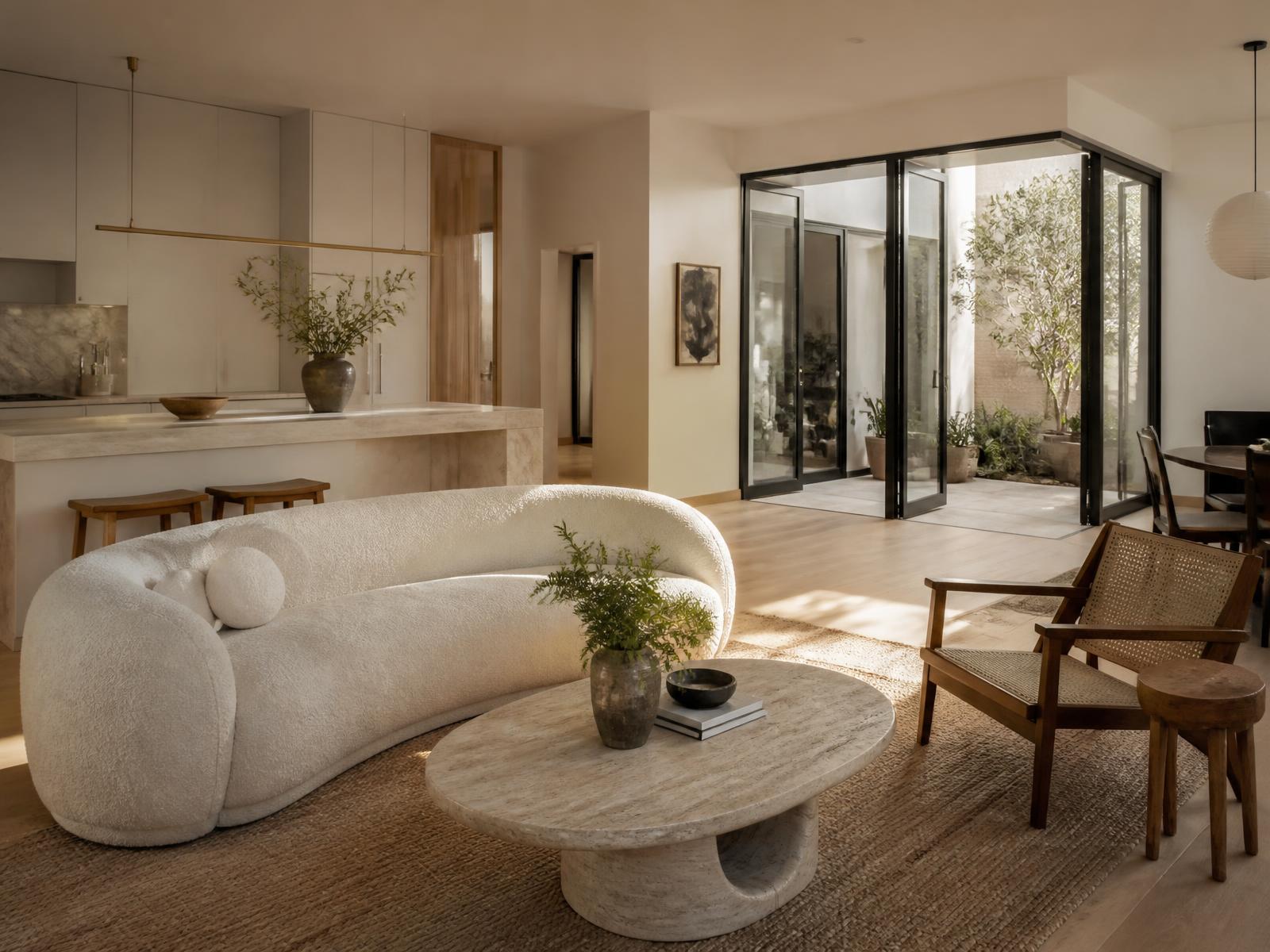 Remodelled open plan living room with white oak floors, plaster walls and steel framed glass doors
