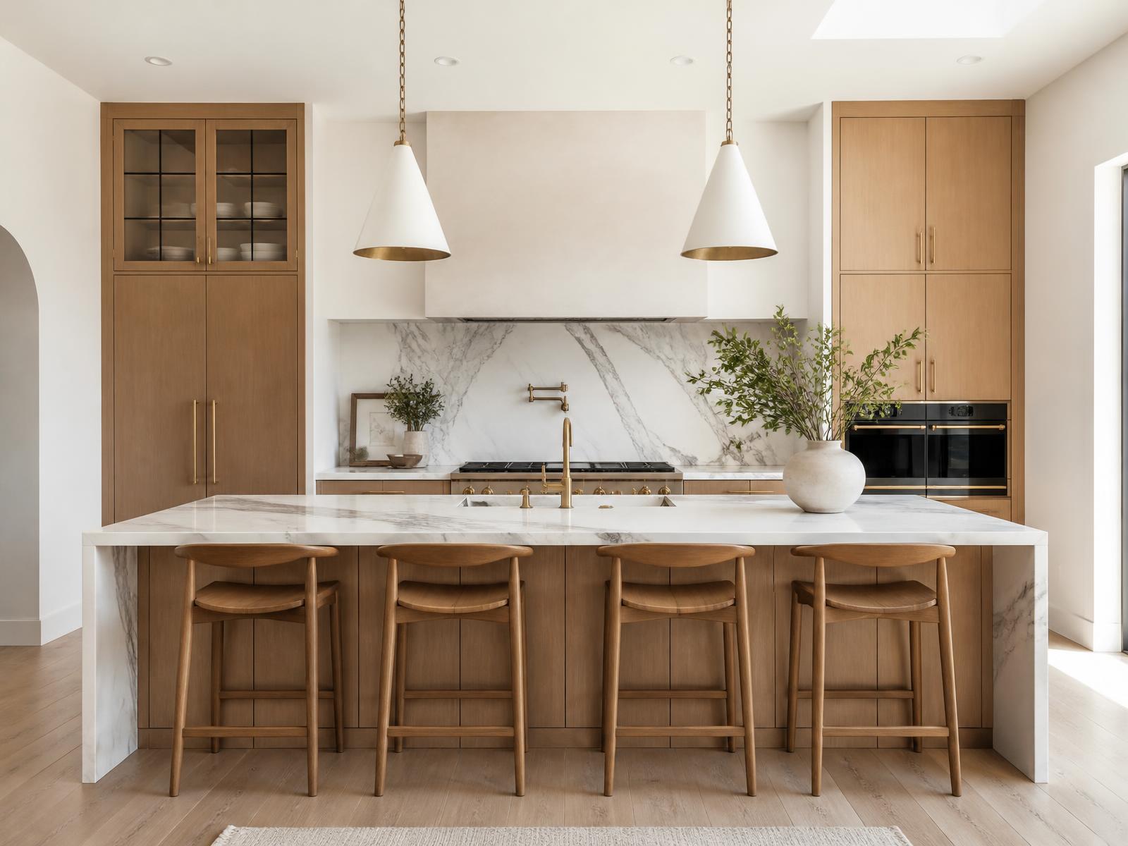 Custom kitchen with white oak cabinetry, marble waterfall island and brass fixtures