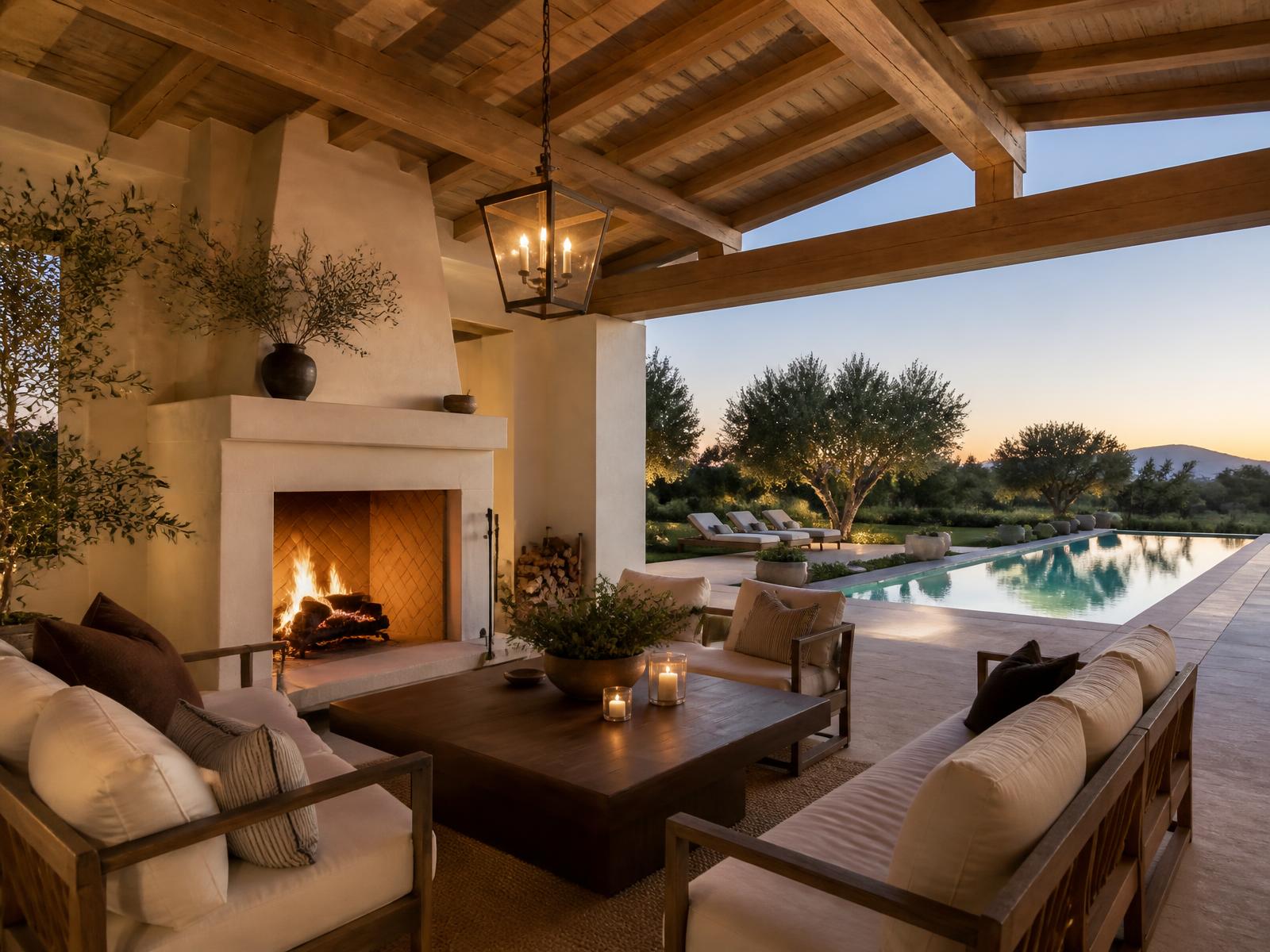 Covered outdoor living room with oak beams, plaster fireplace and a pool at dusk